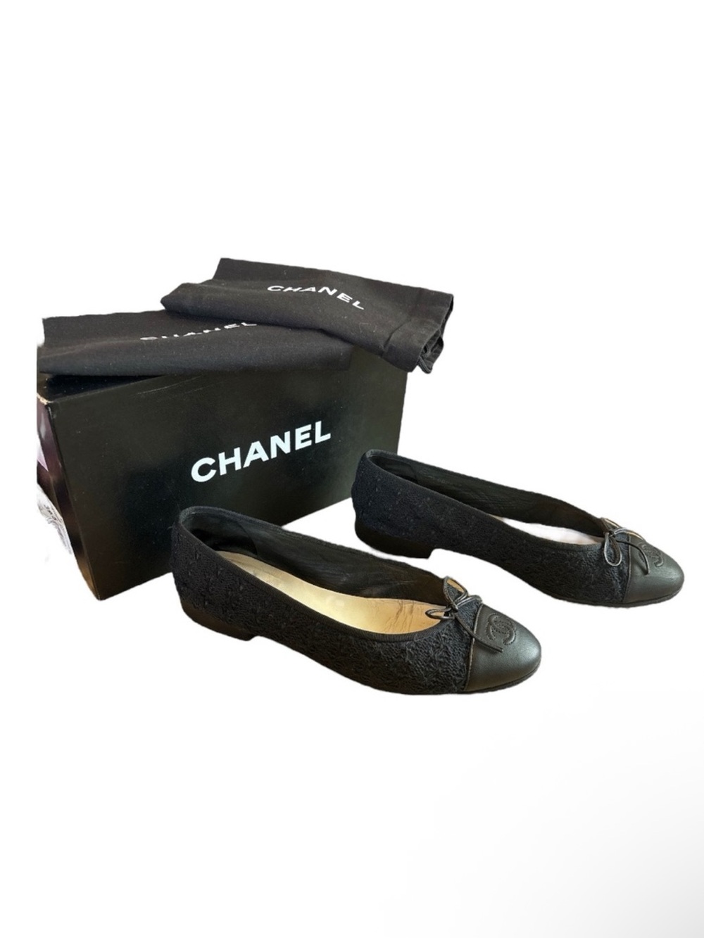 CHANEL CC Cap Toe Ballet Flats EU 39.5 US 9.5 Black Tweed Crochet Lambskin Shoe